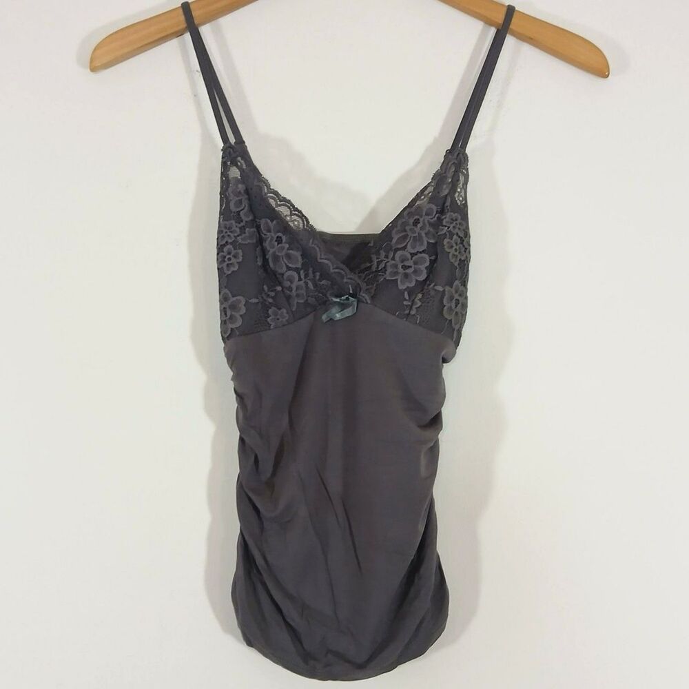 Gray Lace Cami Tank XXS Spaghetti Strap Ruched Stretch Soft Camisole